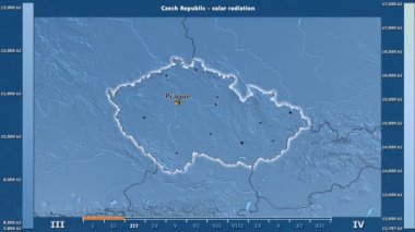 Aya göre güneş radyasyonu animasyonlu efsanesi - İngilizce etiketleri ile Çek Cumhuriyeti alanında: ülke ve sermaye adları, açıklama göster. Sterografik projeksiyon