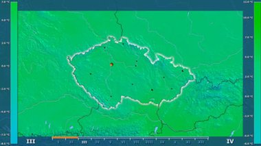 Animasyonlu efsanesi - parlayan şekli, idari sınırları, ana şehirler, sermaye ile Çek Cumhuriyeti alanında ortalama sıcaklık aya göre. Sterografik projeksiyon