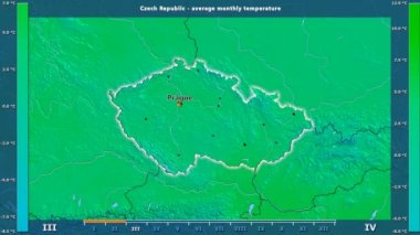 Ortalama sıcaklık ay tarafından animasyonlu efsanesi - İngilizce etiketleri ile Çek Cumhuriyeti alanında: ülke ve sermaye adları, açıklama göster. Sterografik projeksiyon
