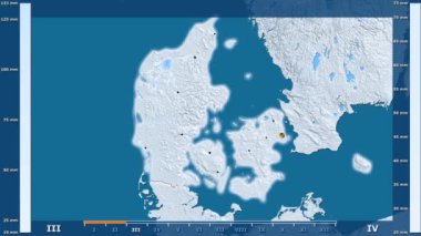 Animasyonlu gösterge - parlayan şekli, idari sınırları, ana şehirler, sermaye ile Danimarka bölgede yağış aya göre. Sterografik projeksiyon