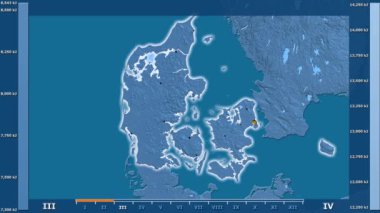 Animasyonlu efsanesi - parlayan şekli, idari sınırları, ana şehirler, sermaye ile Danimarka alanında güneş radyasyonu aya göre. Sterografik projeksiyon