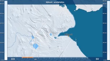 Cibuti alanı animasyonlu gösterge - İngilizce etiketleri ile aya göre Yağış: ülke ve sermaye adları, açıklama göster. Sterografik projeksiyon