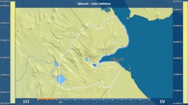 Aya göre güneş radyasyonu ile animasyonlu gösterge - İngilizce etiketleri Cibuti alanında: ülke ve sermaye adları, açıklama göster. Sterografik projeksiyon