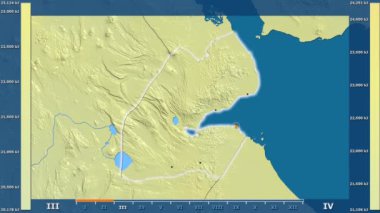 Animasyonlu gösterge - parlayan şekli, idari sınırları, ana şehirler, başkenti Cibuti bölge güneş radyasyonu aya göre. Sterografik projeksiyon
