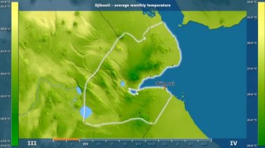 Ortalama sıcaklık ay tarafından animasyonlu gösterge - İngilizce etiketleri Cibuti bölge: ülke ve sermaye adları, açıklama göster. Sterografik projeksiyon