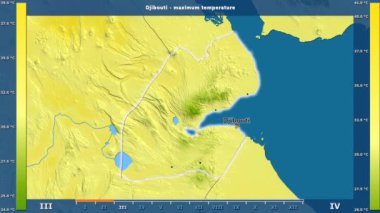 Cibuti alanda animasyonlu gösterge - İngilizce etiketleri ile aya göre maksimum sıcaklık: ülke ve sermaye adları, açıklama göster. Sterografik projeksiyon