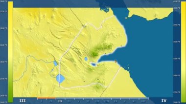Cibuti alanda animasyonlu gösterge - parlayan şekli, idari sınırları, ana şehirler, sermaye ile maksimum sıcaklık aya göre. Sterografik projeksiyon