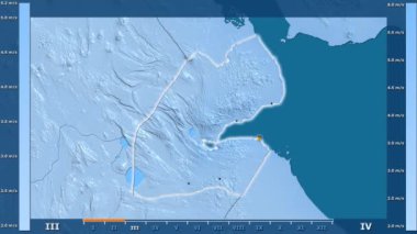 Hız animasyonlu gösterge - parlayan şekli, idari sınırları, ana şehirler, başkenti Cibuti bölge aya göre rüzgar. Sterografik projeksiyon