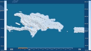Animasyonlu gösterge - parlayan şekli, idari sınırları, ana şehirler, sermaye ile Dominik Cumhuriyeti bölgede yağış aya göre. Sterografik projeksiyon