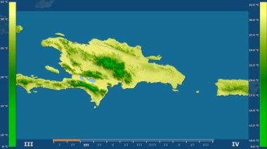 Animasyonlu efsanesi - ham renk shader ile Dominik Cumhuriyeti alanında maksimum sıcaklık aya göre. Sterografik projeksiyon