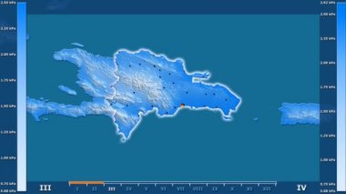 Animasyonlu gösterge - parlayan şekli, idari sınırları, ana şehirler, sermaye ile Dominik Cumhuriyeti bölgede su buharı basıncı aya göre. Sterografik projeksiyon
