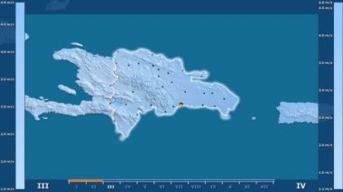 Hız animasyonlu efsanesi - parlayan şekli, idari sınırları, ana şehirler, sermaye ile Dominik Cumhuriyeti alanında aya göre rüzgar. Sterografik projeksiyon