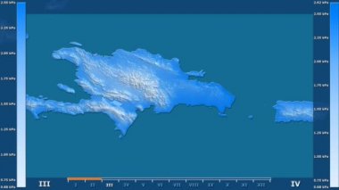Animasyonlu gösterge - ham renk shader ile Dominik Cumhuriyeti bölgede su buharı basıncı aya göre. Sterografik projeksiyon