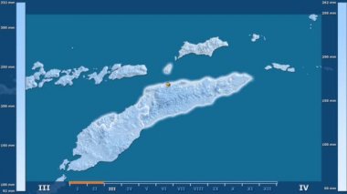 Doğu Timor alan animasyonlu efsanesi - parlayan şekli, idari sınırları, ana şehirler, sermaye ile yağış aya göre. Sterografik projeksiyon