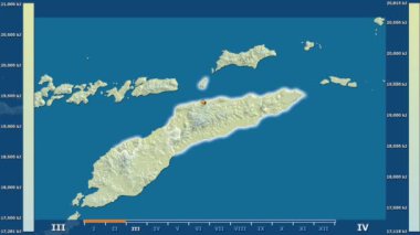 Doğu Timor alan animasyonlu efsanesi - parlayan şekli, idari sınırları, ana şehirler, sermaye ile güneş radyasyonu aya göre. Sterografik projeksiyon
