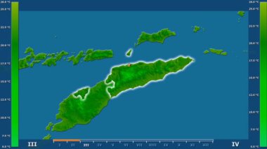 Animasyonlu efsanesi - parlayan şekli, idari sınırları, ana şehirler, sermaye ile Doğu Timor alanında minimum sıcaklığı aya göre. Sterografik projeksiyon