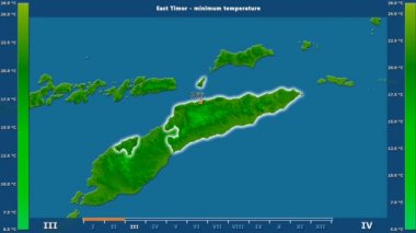 Doğu Timor alan animasyonlu efsanesi - İngilizce etiketleri ile aya göre minimum sıcaklığı: ülke ve sermaye adları, açıklama göster. Sterografik projeksiyon