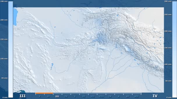 Precipitation Month Afghanistan Area Animated Legend Raw Color Shader Stereographic — Stock Video