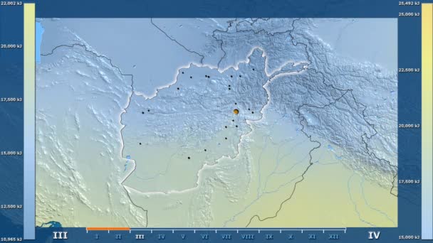 太阳辐射月在阿富汗地区与动画传奇 发光的形状 行政边界 主要城市 球极投影 — 图库视频影像