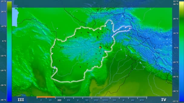 Średnia Temperatura Przez Miesiąc Obszarze Afganistanu Legendą Animowane Świecące Kształt — Wideo stockowe