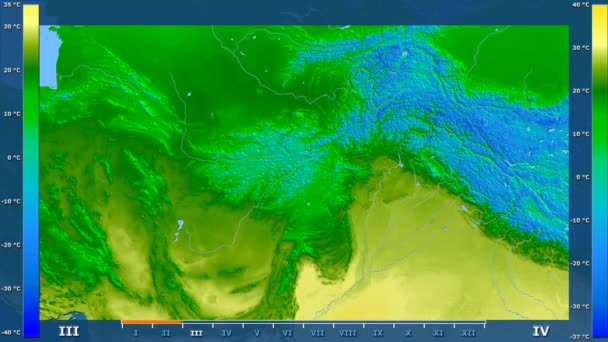 在阿富汗地区的最高气温与动画图例 原始颜色着色器 球极投影 — 图库视频影像