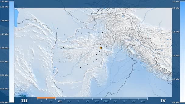 水汽压力按月在阿富汗地区与动画传奇 发光的形状 行政边界 主要城市 球极投影 — 图库视频影像