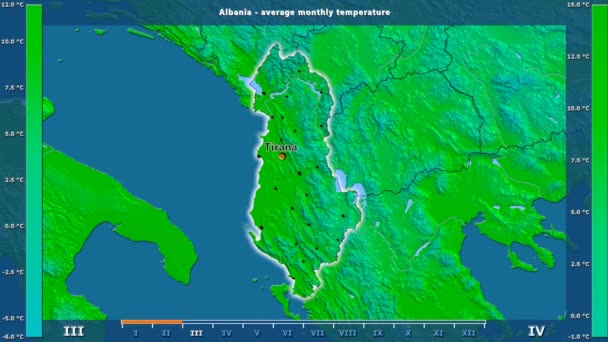 平均温度按月在阿尔巴尼亚区域以生动的传奇 英国标签 国家和资本名字 地图描述 球极投影 — 图库视频影像