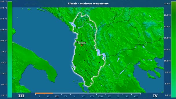 Maximální Teplota Podle Měsíce Oblasti Albánie Animovanou Legendou Anglické Popisky — Stock video