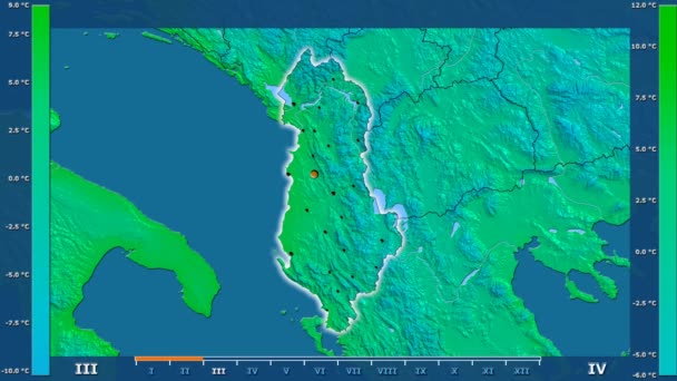 最低气温按月在阿尔巴尼亚地区以动画传奇发光的形状 行政边界 主要城市 球极投影 — 图库视频影像