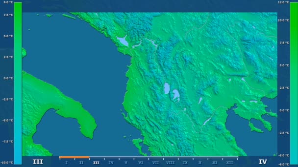 Temperatura Mínima Por Mes Área Albania Con Leyenda Animada Sombreado — Vídeos de Stock