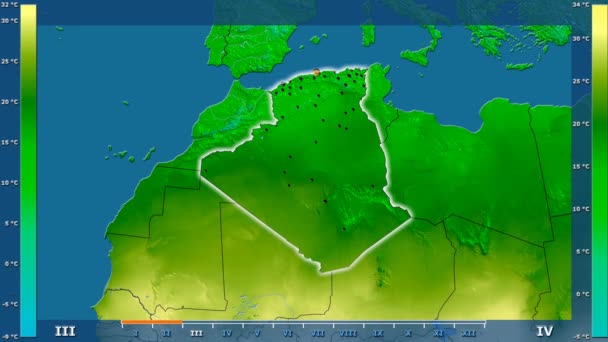 平均气温按月在阿尔及利亚地区以动画传奇发光的形状 行政边界 主要城市 球极投影 — 图库视频影像