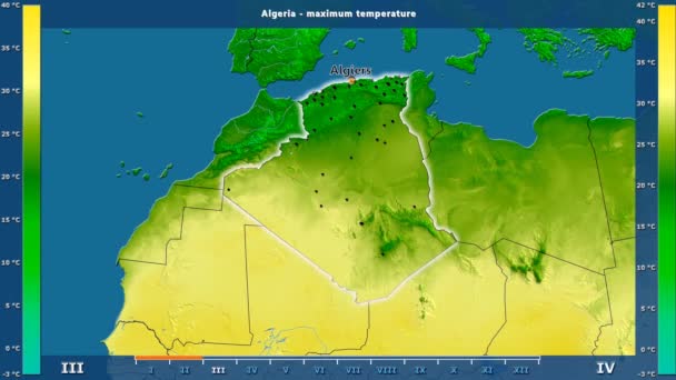 アニメーションの伝説 英語のラベル アルジェリア地域の月別最高気温 国と首都名は マップの説明 平射図法 — ストック動画