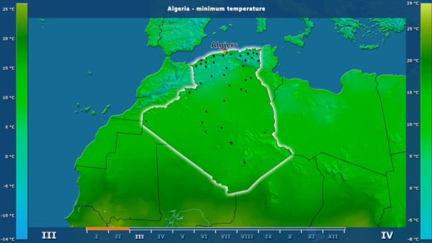 最低气温按月在阿尔及利亚区域以生动的传奇 英国标签 国家和资本名字 地图描述 球极投影 — 图库视频影像