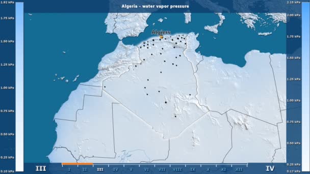 水汽压力按月在阿尔及利亚区域以生动的传奇 英国标签 国家和资本名字 地图描述 球极投影 — 图库视频影像
