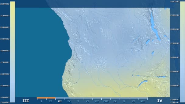 Monatliche Sonneneinstrahlung Angola Gebiet Mit Animierter Legende Roher Farbschatten Stereografische — Stockvideo