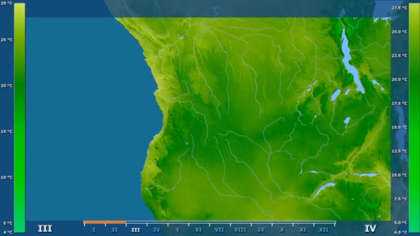 平均温度按月在安哥拉地区以动画传奇 原始的颜色着色器 球极投影 — 图库视频影像