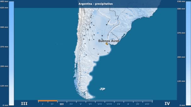 アニメーションの伝説 英語のラベルを持つアルゼンチン エリアの月別降水量 国と首都名は マップの説明 平射図法 — ストック動画