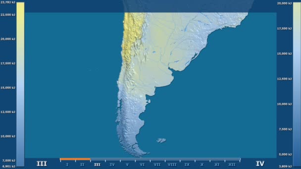 Солнечная Радиация Месяцам Аргентине Анимированной Легендой Сырым Цветовым Шейдером Стереографическая — стоковое видео