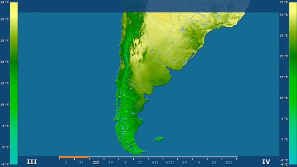 アニメーションの伝説 Raw カラー シェーダーを持つアルゼンチン エリアの月別最高気温は 平射図法 — ストック動画
