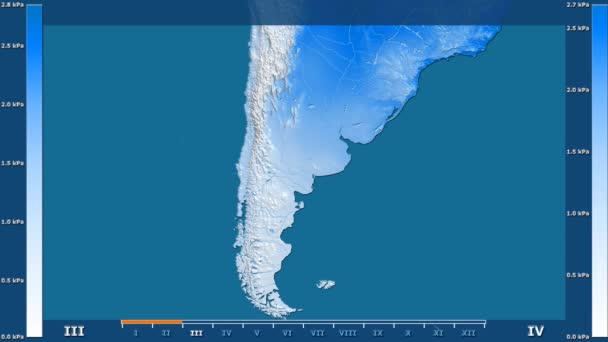 アニメーションの伝説 Raw カラー シェーダーを持つアルゼンチン エリアの月別水蒸気圧 平射図法 — ストック動画