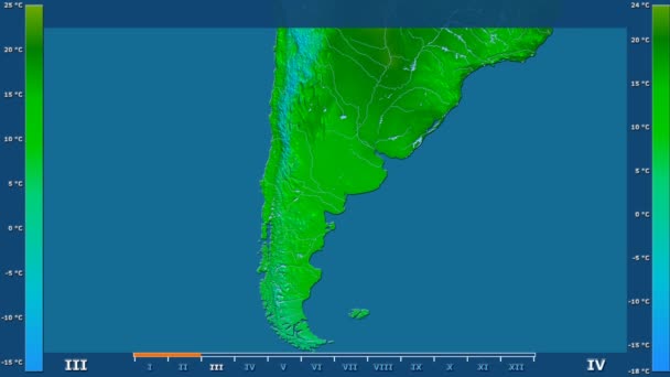 アニメーションの伝説 Raw カラー シェーダーを持つアルゼンチン エリアで月最低気温は 平射図法 — ストック動画