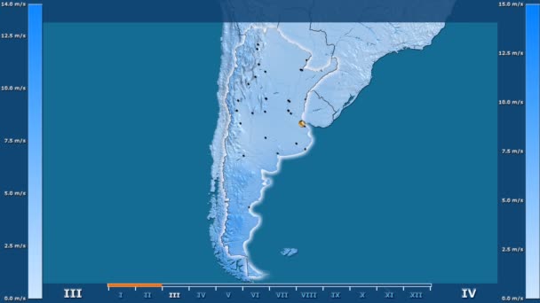 アニメーションの伝説 輝く形状 管理上のボーダー 主要都市 首都のアルゼンチン エリアの月別風速します 平射図法 — ストック動画