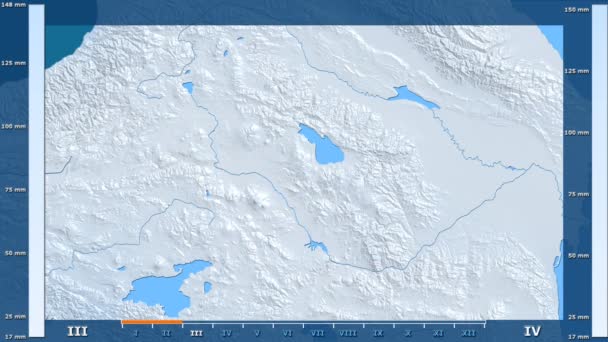 アニメーションの伝説 Raw カラー シェーダーをアルメニア地方の月別降水量 平射図法 — ストック動画