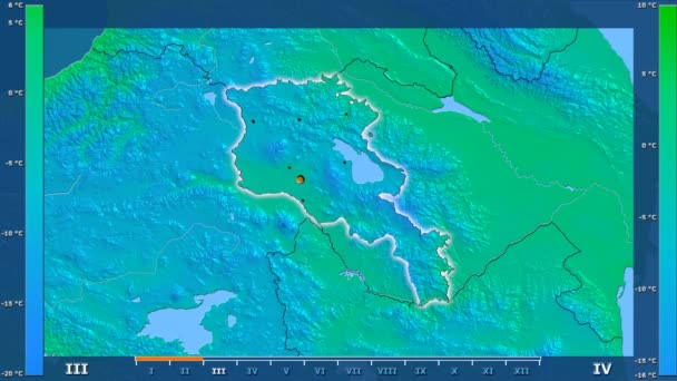 Minimalna Temperatura Przez Miesiąc Terenie Armenii Legendą Animowane Świecące Kształt — Wideo stockowe