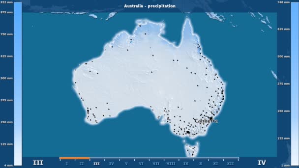 Precipitation Month Australia Area Animated Legend English Labels Country Capital — Stock Video