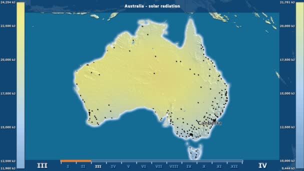 太阳辐射由月在澳洲区域以生动的传奇 英国标签 国家和资本名字 地图描述 球极投影 — 图库视频影像