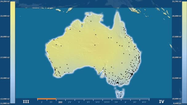 Radiación Solar Por Mes Área Australia Con Leyenda Animada Forma — Vídeos de Stock