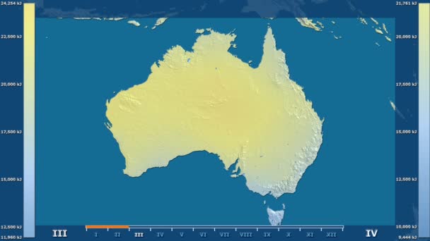 Солнечная Радиация Месяцам Австралии Анимированной Легендой Сырым Цветовым Шейдером Стереографическая — стоковое видео