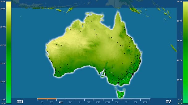 Средняя Температура Месяцам Австралии Оживленной Легендой Светящиеся Формы Административные Границы — стоковое видео