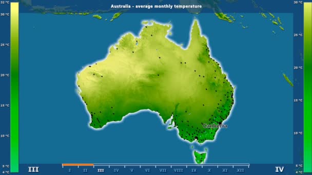 平均温度按月在澳大利亚区域以生动的传奇 英国标签 国家和资本名字 地图描述 球极投影 — 图库视频影像